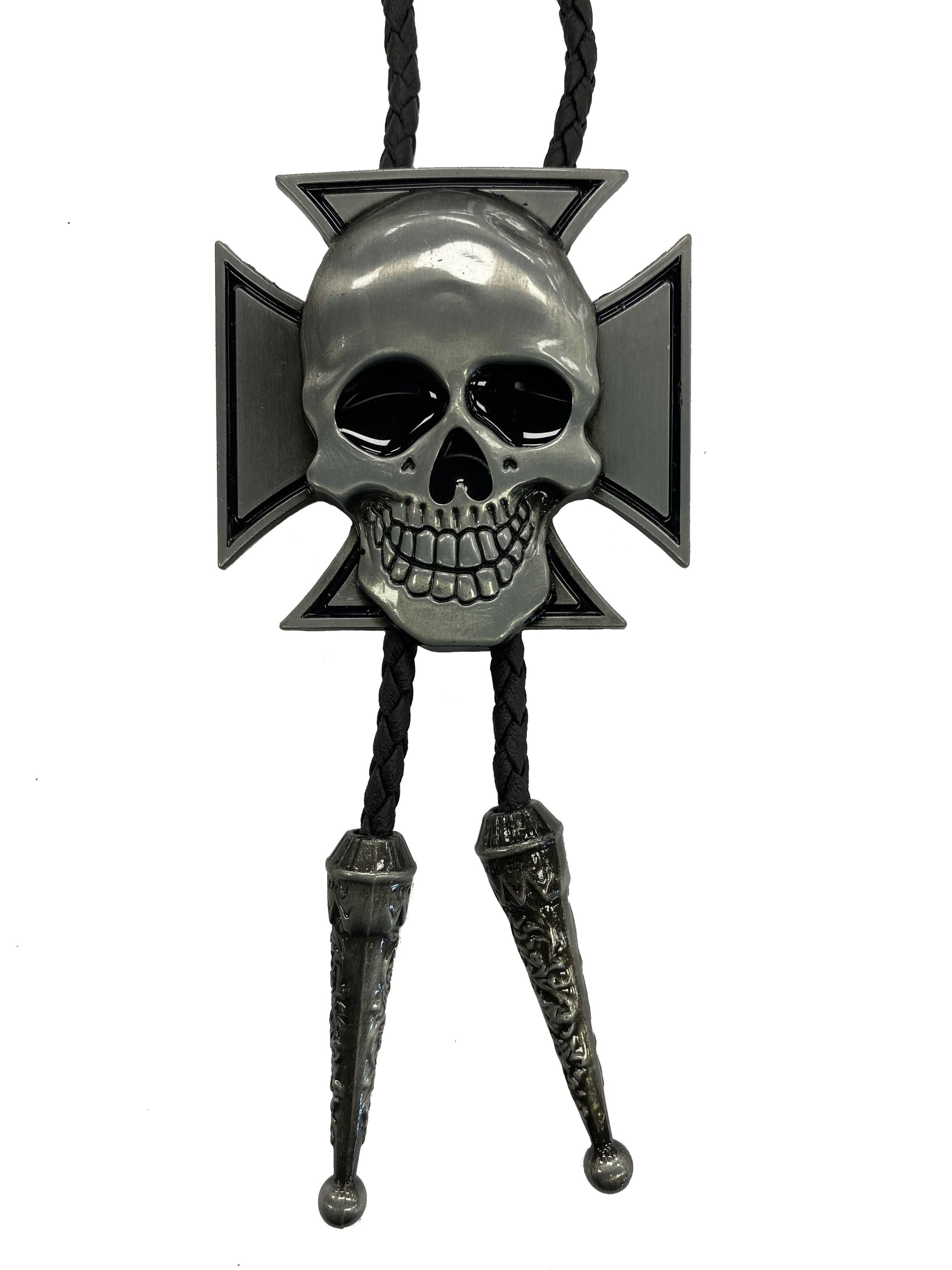 Skull and crossbones design on a bolo tie against a white background