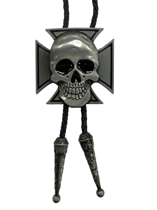 Skull and crossbones design on a bolo tie against a white background