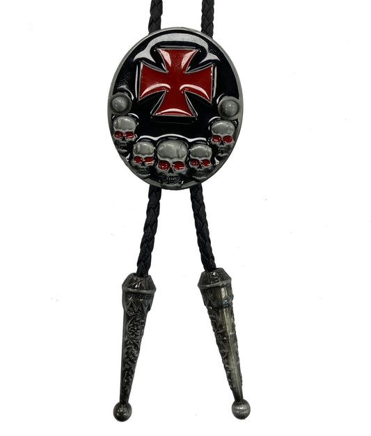 Bolo tie with skull and crossbones design on a white background
