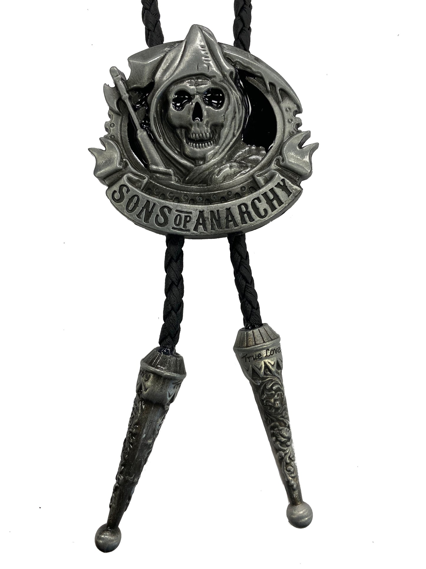 Bolo tie with 'Sons of Anarchy' design featuring a skull and crossed swords on a white background.