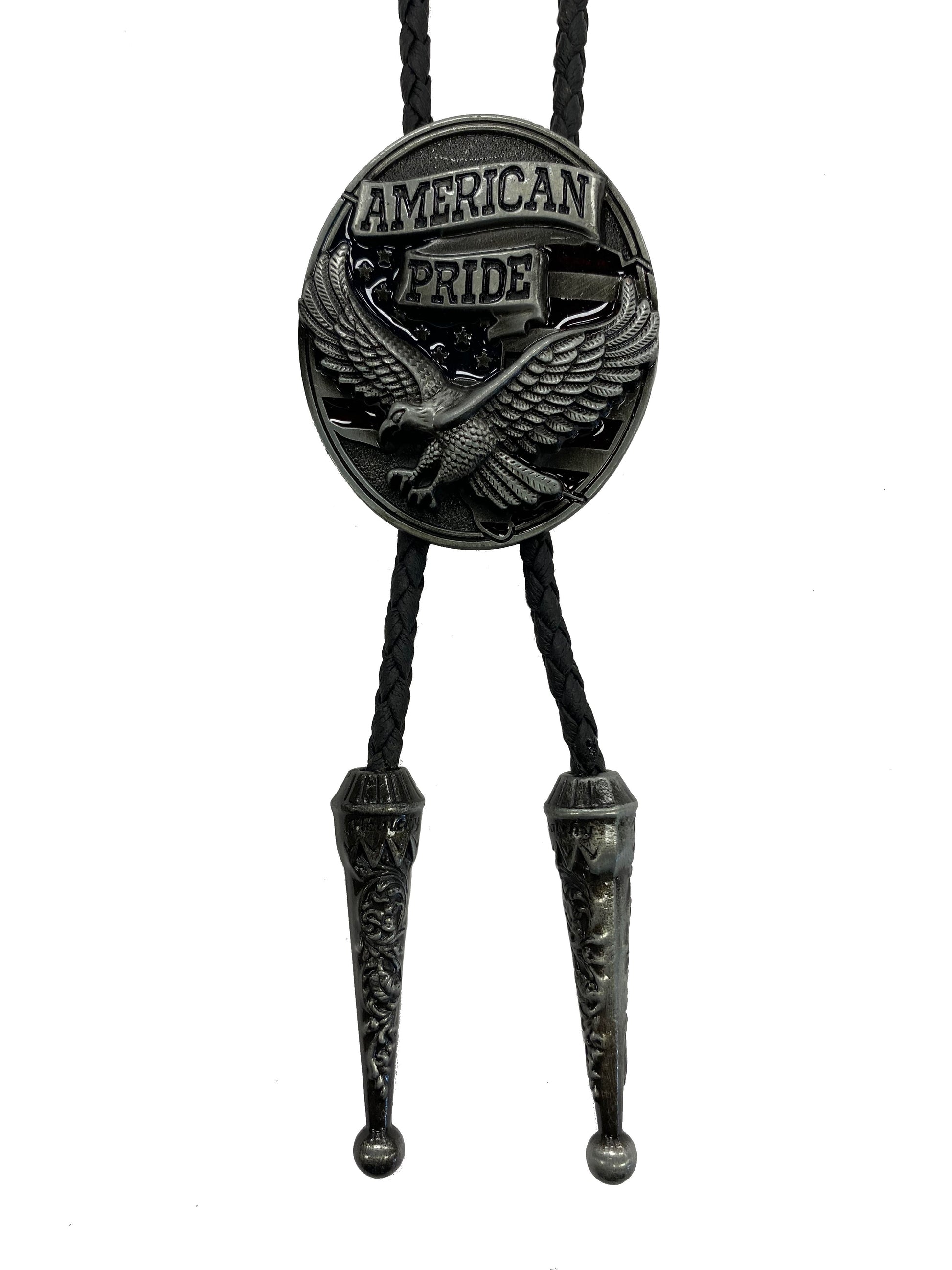 Bolo tie with 'American Pride' and eagle design on a white background