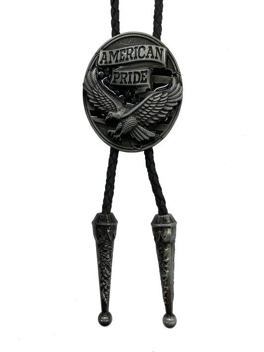 Bolo tie with 'American Pride' and eagle design on a white background