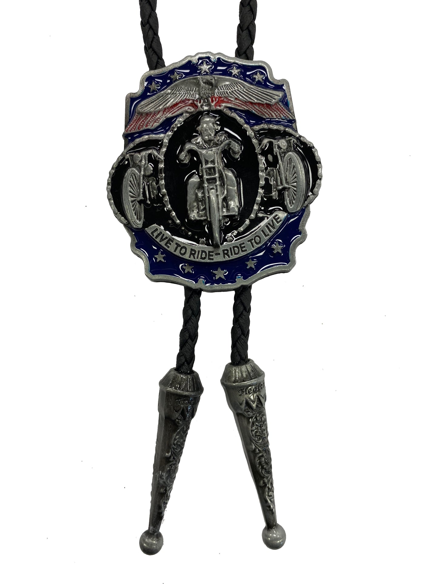 Bolo tie with motorcycle design and American flag on a white background