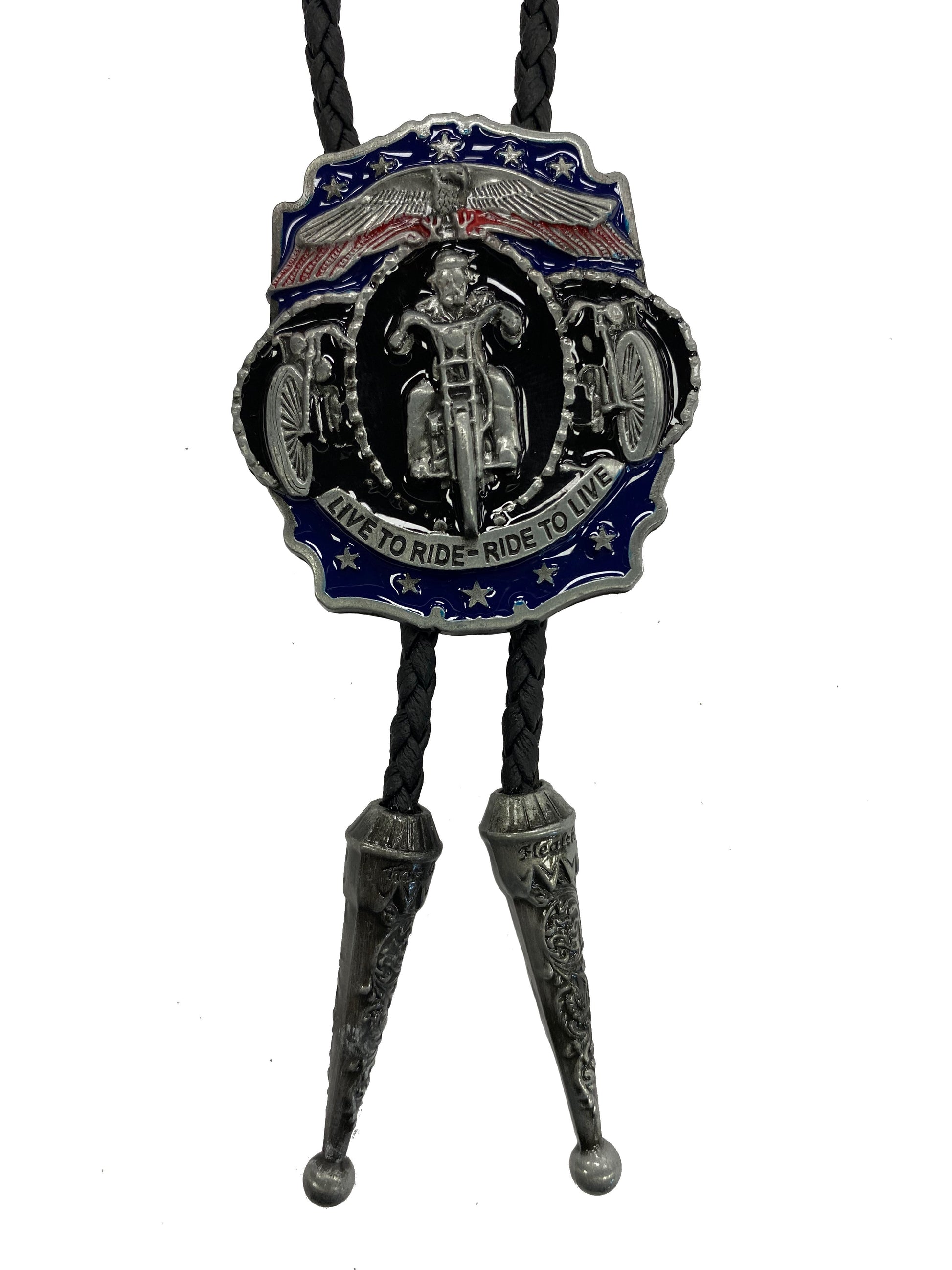 Bolo tie with motorcycle design and American flag on a white background