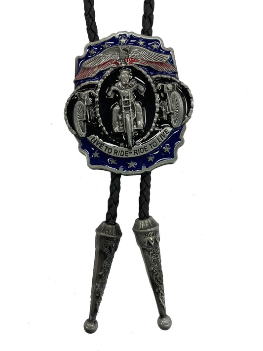 Bolo tie with motorcycle design and American flag on a white background