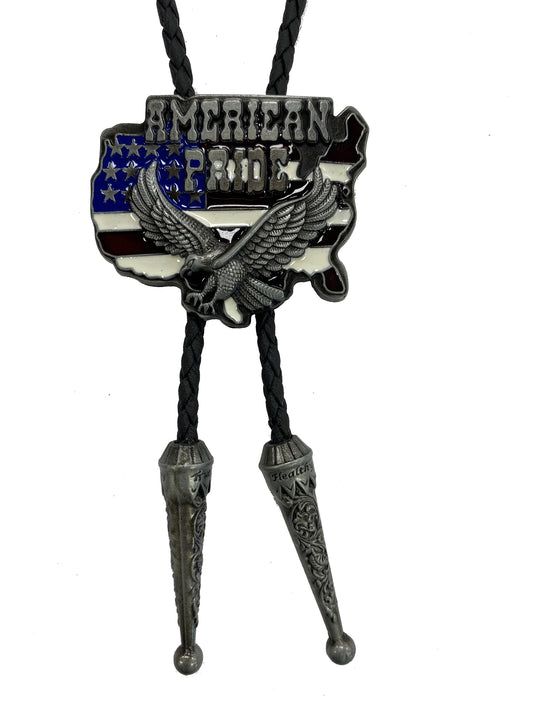 Bolo tie with American flag design and eagle emblem on a white background