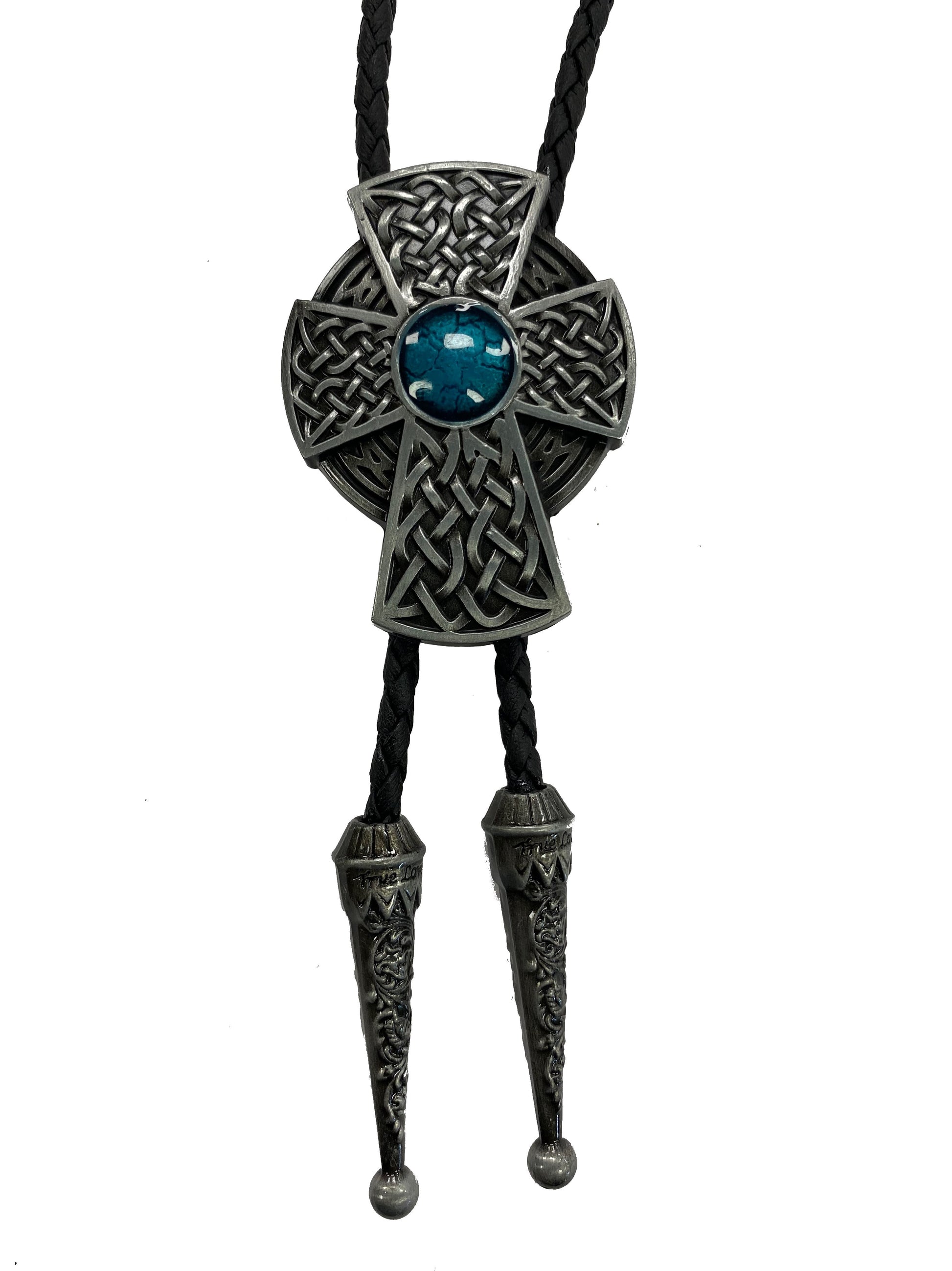 Celtic knot Cross bolo tie with blue stone on a white background
