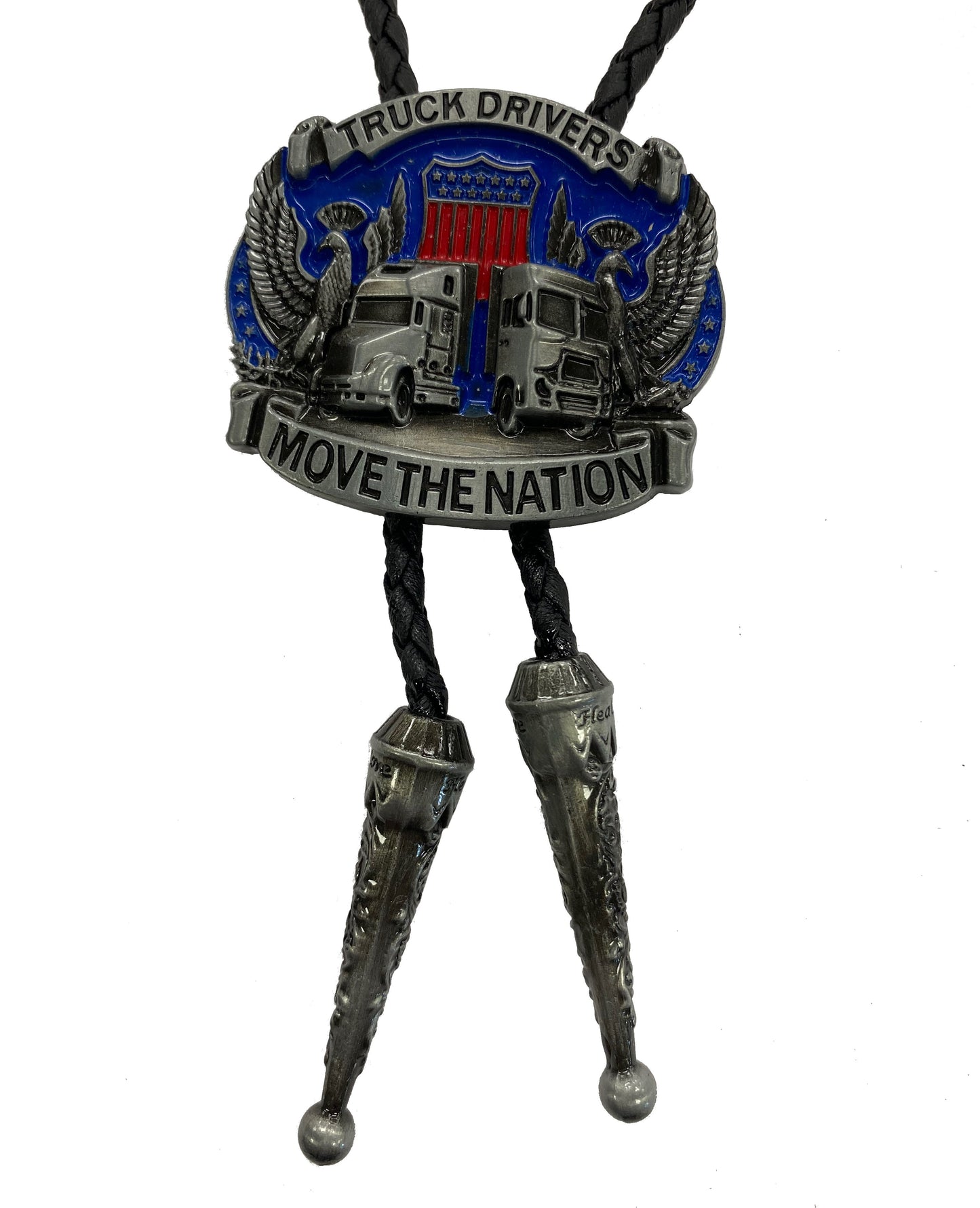 Bolo tie with truck driver design and text on a white background