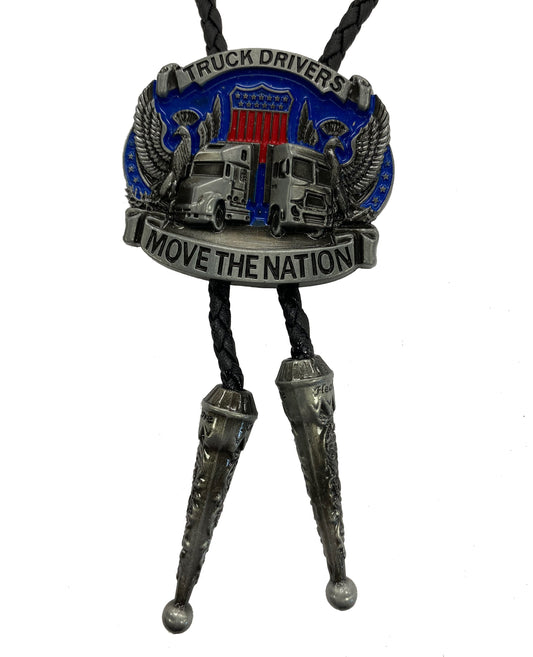 Bolo tie with truck driver design and text on a white background