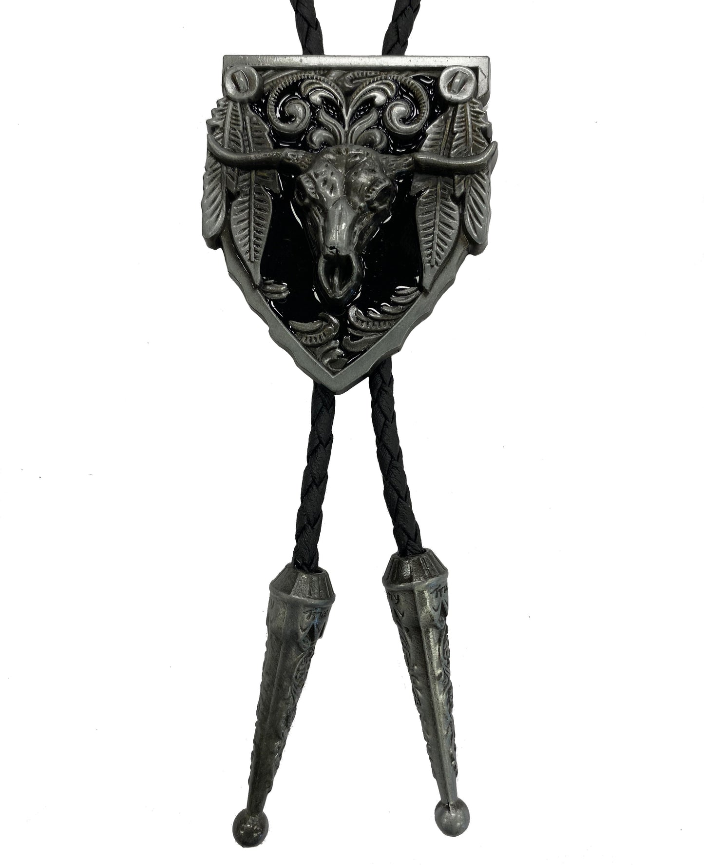 Black and silver bolo tie with intricate design of longhorn and feathers on a white background