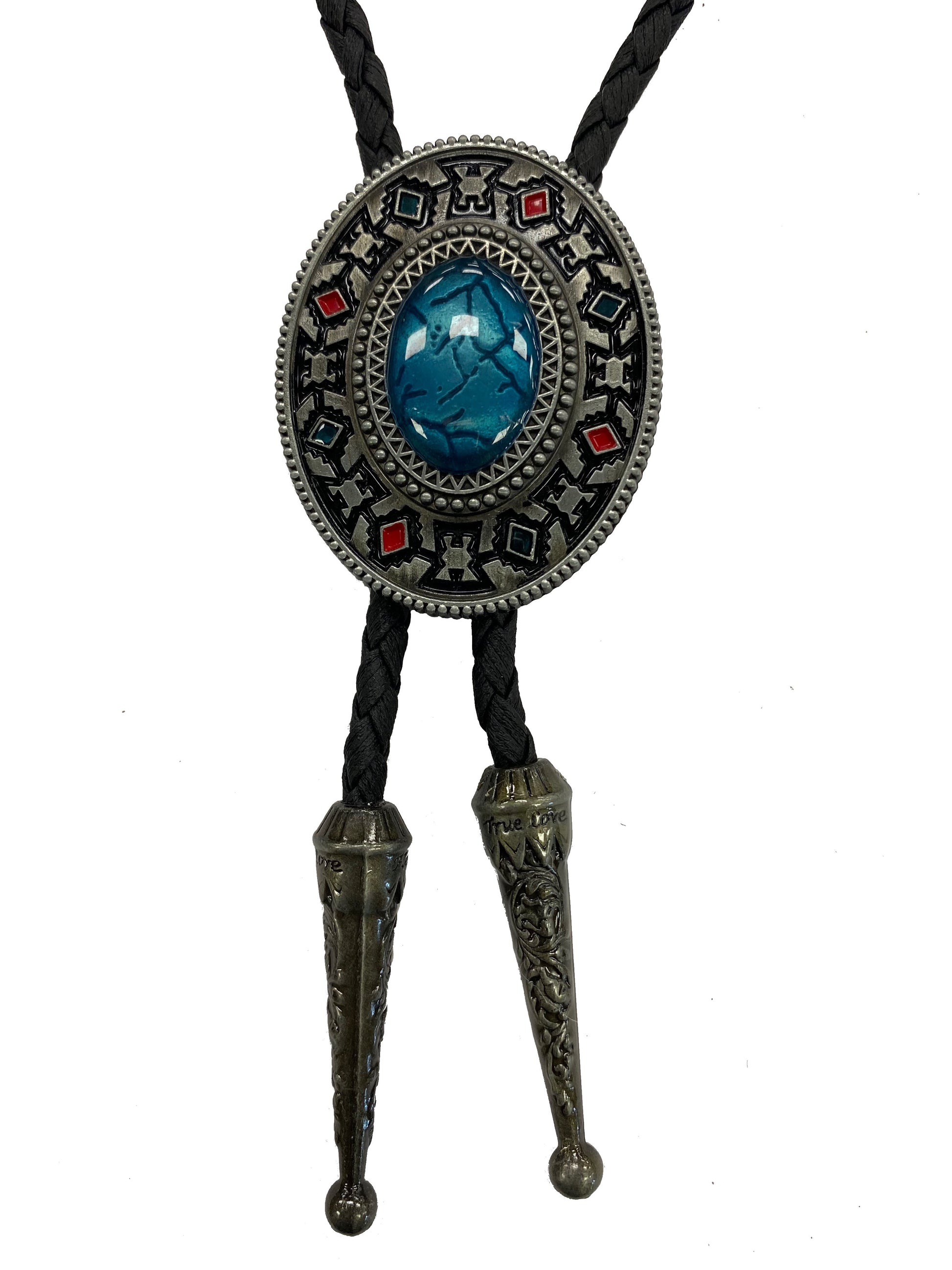 Bolo tie with decorative metalwork and blue stone on a white background
