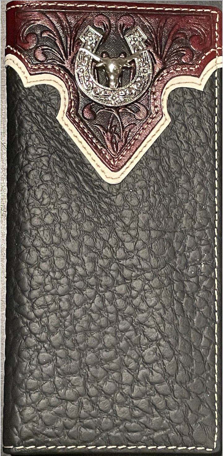 Leather wallet with decorative horseshoe and star emblem on a brown background