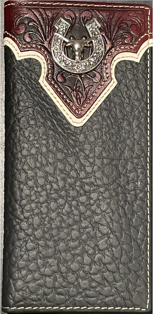 Leather wallet with decorative horseshoe and star emblem on a brown background