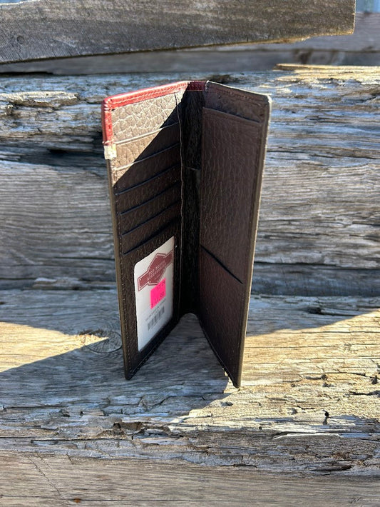 Coffee Brown leather wallet open on a wooden surface