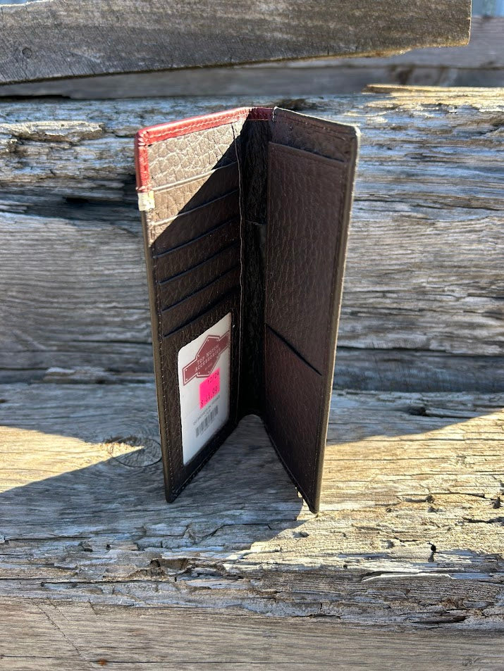 Coffee Brown leather wallet open on a wooden surface