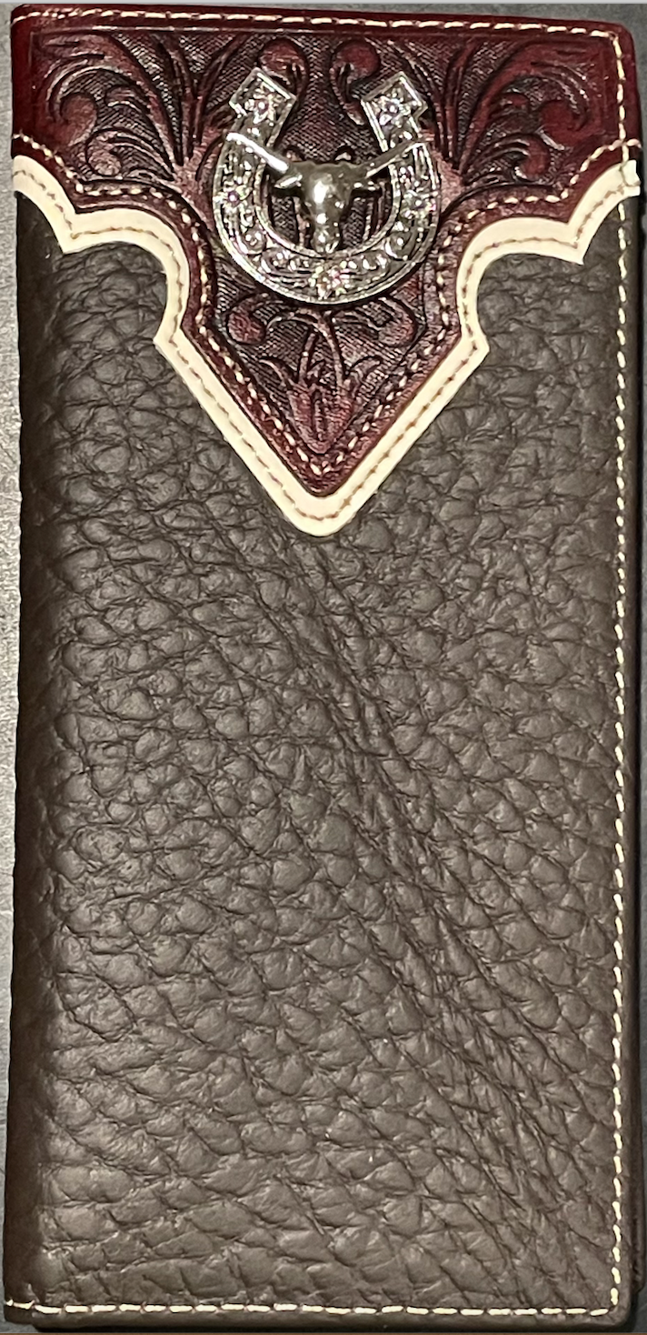 Coffee Brown leather wallet with embossed design and horse shoe emblem