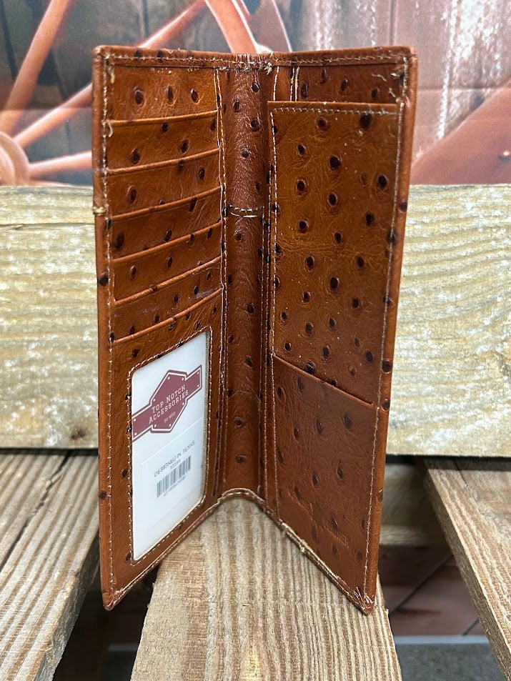 Brown leather wallet with card slots on a wooden surface