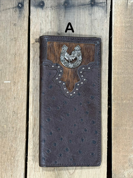 Coffee brown leather wallet with cowhide pattern and horseshoe and rooster concho on a wooden surface