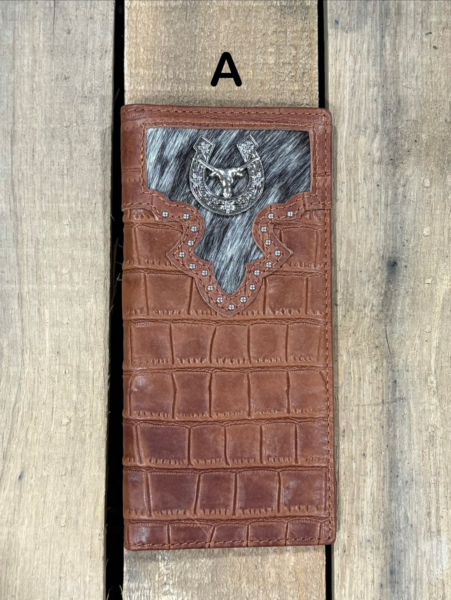 Brown alligator print leather checkbook wallet with cowhide inlay and a Longhorn Concho. Front View