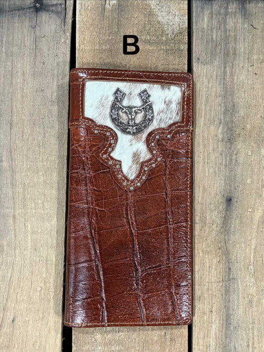 Brown alligator print leather checkbook wallet with cowhide inlay and a Longhorn Concho. Front View