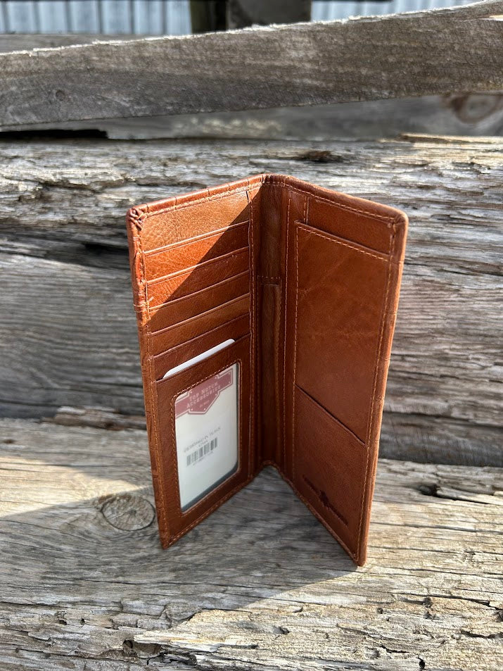 Brown alligator print leather checkbook wallet with cowhide inlay and a Longhorn Concho. Inside view showing ID window, multiple card slots, cash slots, and a checkbook holder. 