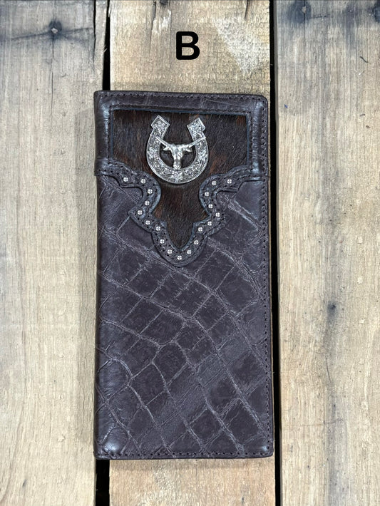 Coffee Brown alligator print checkbook wallet with a Longhorn Concho on a cowhide inlay. Front View