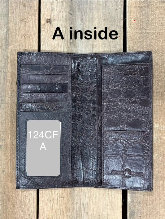 Open Coffee Brown leather wallet on a wooden surface with 'A inside' text.