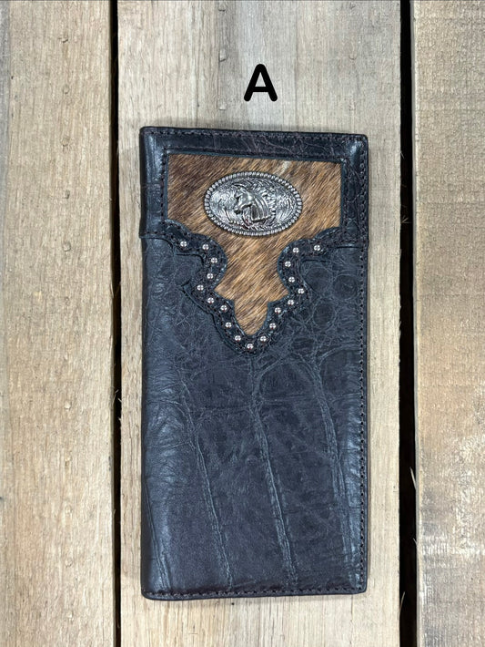 Coffee Brown alligator print checkbook wallet with a Horse Concho on a cowhide inlay. Front View