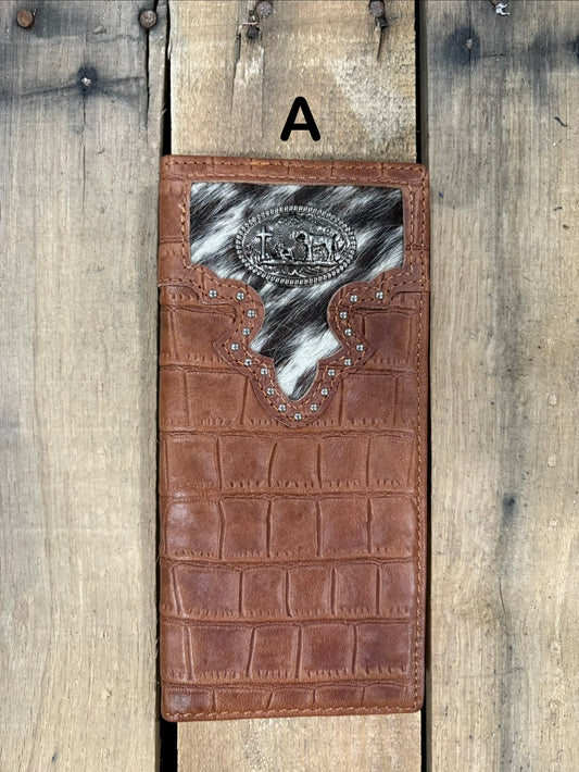 Brown alligator print leather checkbook wallet with a cowhide inlay featuring a Praying Cowboy Concho. Front View