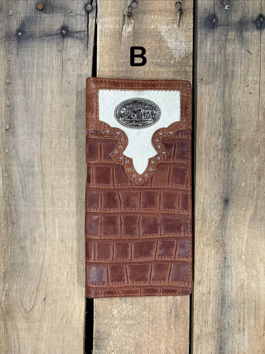 Brown alligator print leather checkbook wallet with a cowhide inlay featuring a Praying Cowboy Concho. Front View