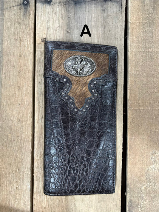Coffee Brown alligator print checkbook wallet with a cowhide inlay featuring a Bull Rider Concho. Front View