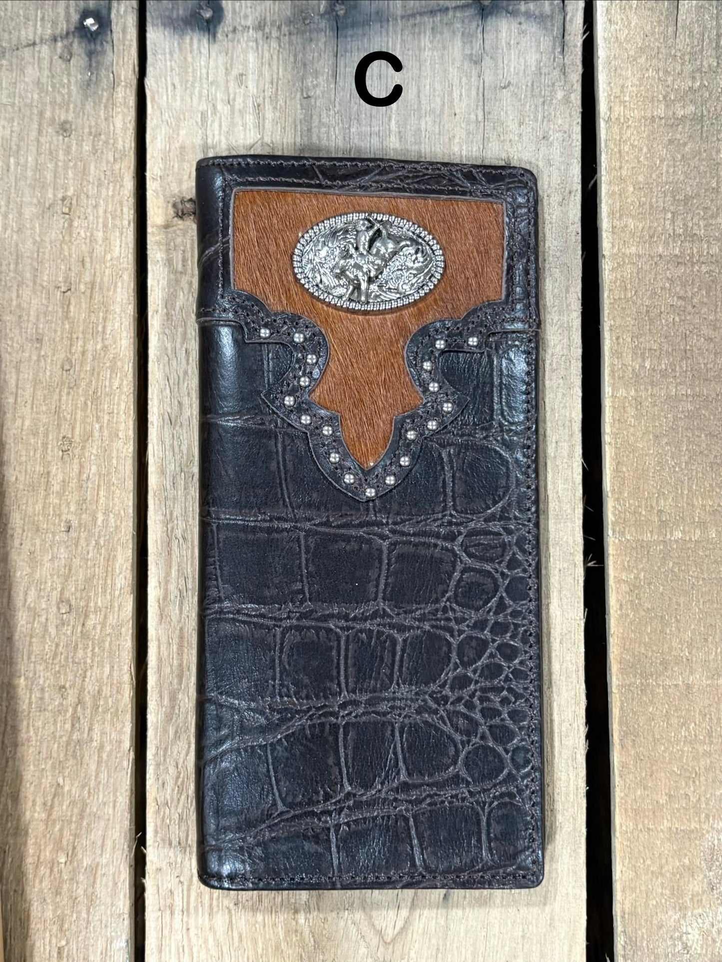 Coffee Brown alligator print checkbook wallet with a cowhide inlay featuring a Bull Rider Concho. Front View