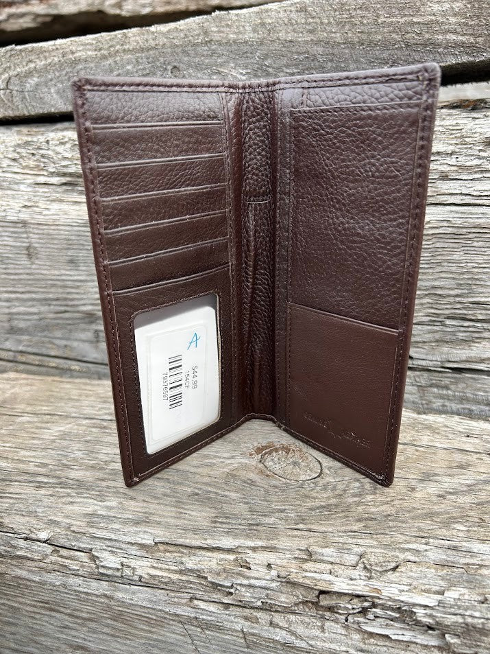 Coffee Brown leather wallet open on a wooden surface