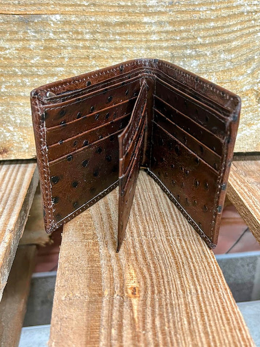Coffee Brown full quill ostrich print leather bifold wallet. Inside view showing card slots. 