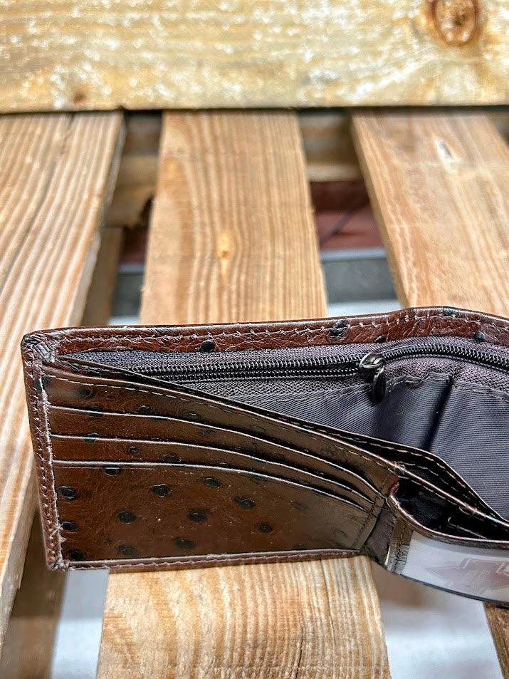 Coffee Brown full quill ostrich print leather bifold wallet. Inside view showing multiple cash slots and zippered close pocket.