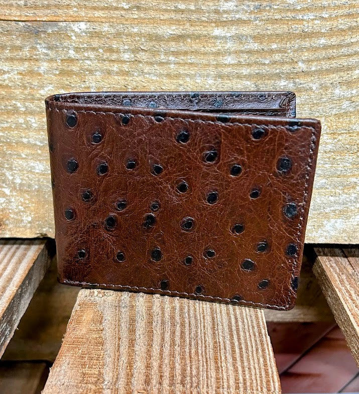 Coffee Brown full quill ostrich print leather bifold wallet. Front View