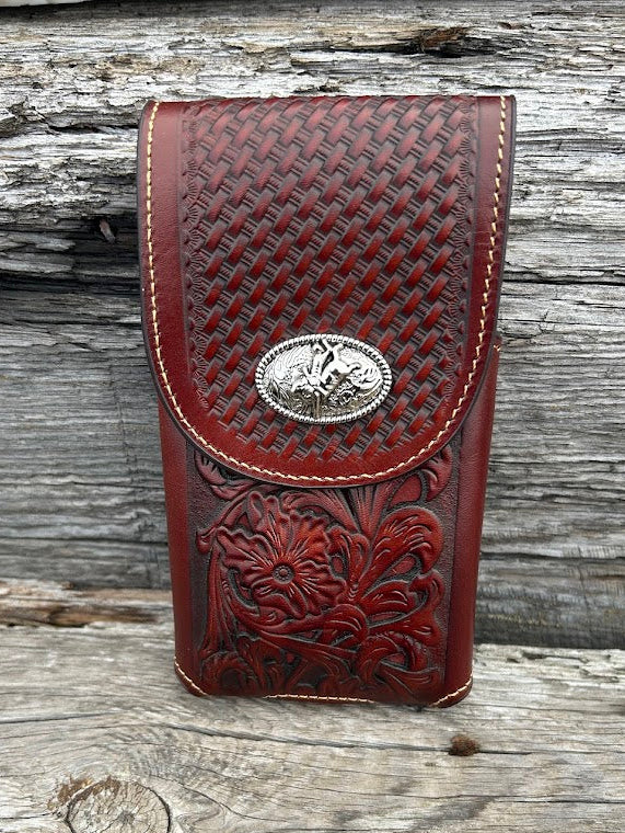 Brown embossed leather phone case with a Bull Rider Concho, has leather belt loop attachment. Front View