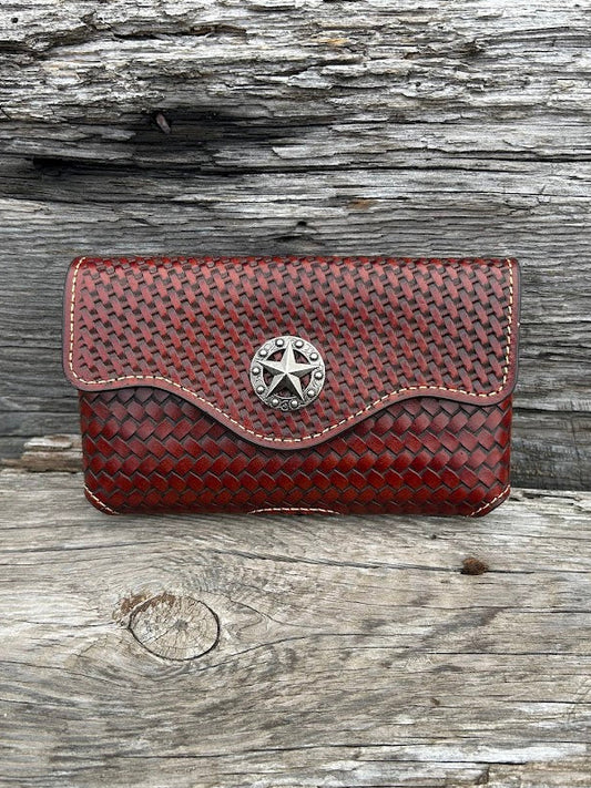 Brown Leather phone case with Texas Star Concho, attaches with a leather belt loop that measures 2 3/4 inches high. Front View