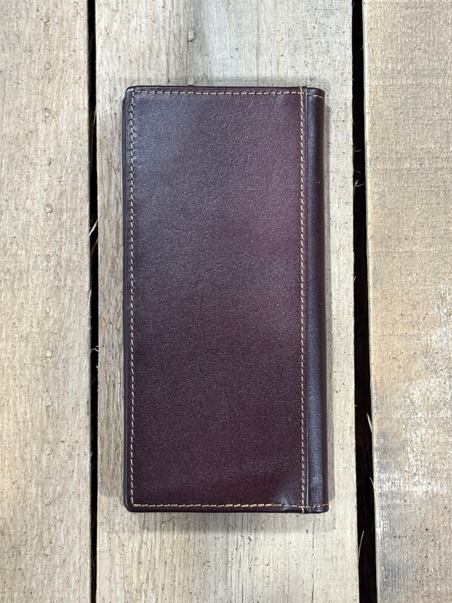 Top Notch Accessories Coffee Brown Tooled Leather Tall Checkbook Wallet with Beige Inlay