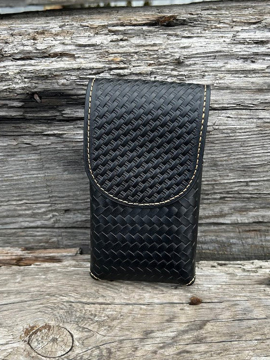 Black basketweave leather phone case with leather belt attachment. Front View