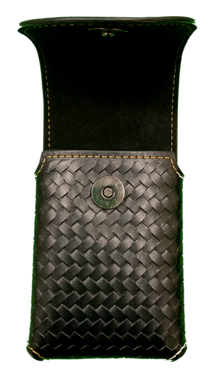 Black leather case with woven pattern and button on a white background