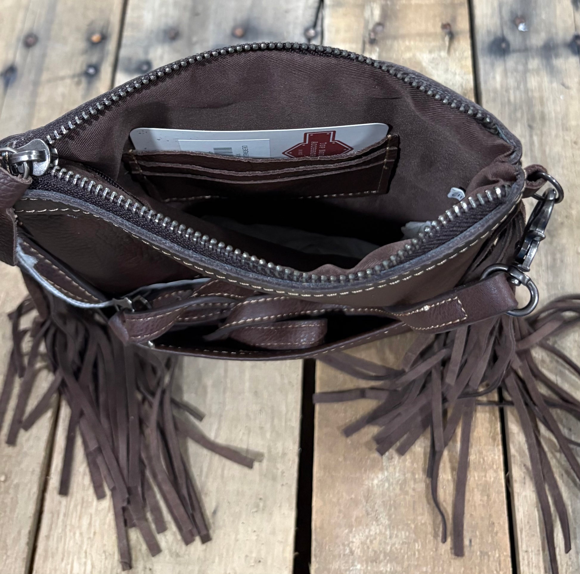 Card slot view inside a Coffee Brown crossbody purse