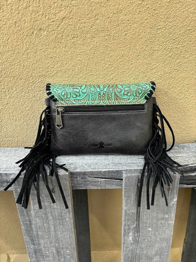 Back View of a Black and Turquoise crossbody bag