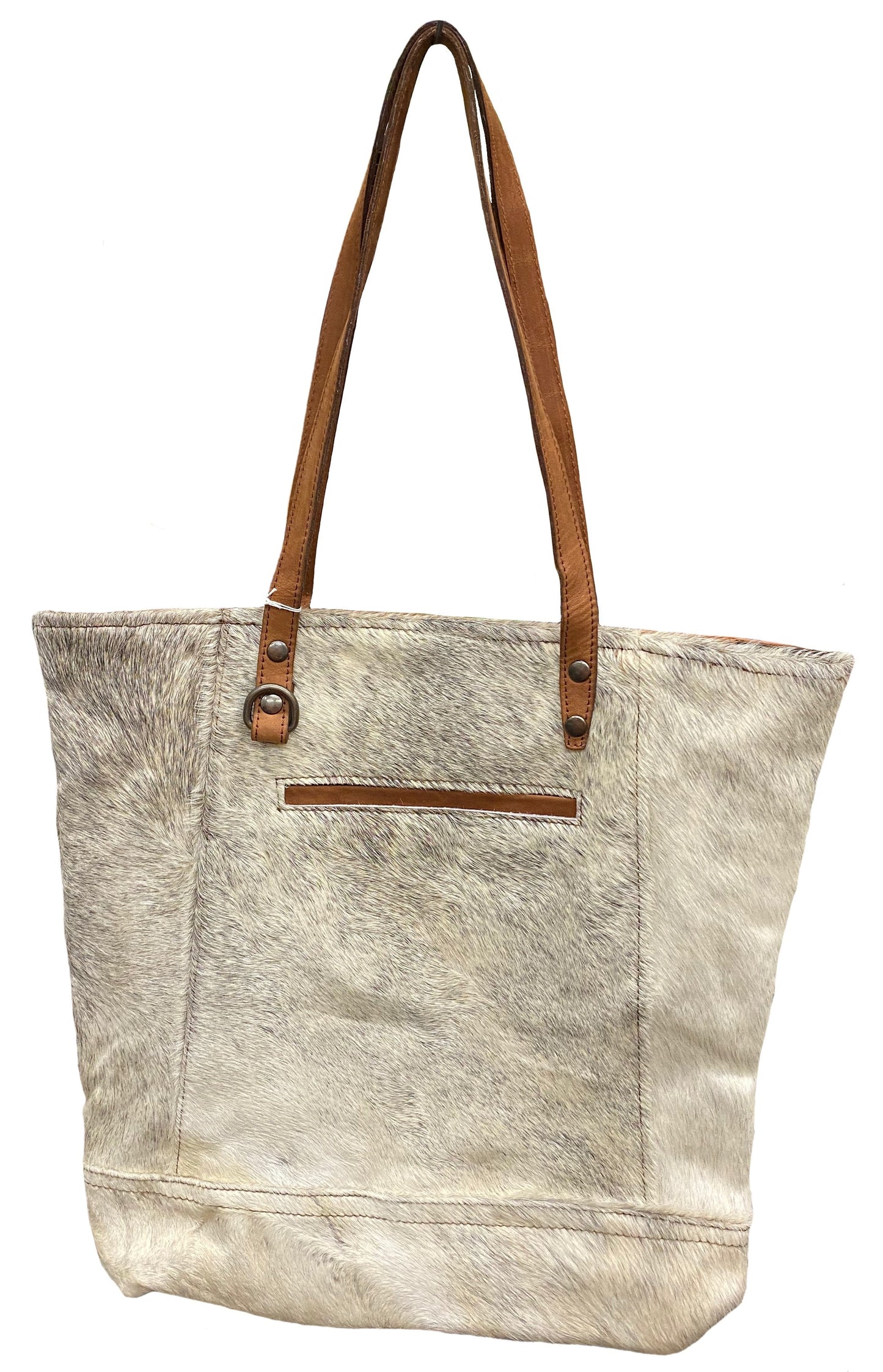 Brown leather and cowhide tote bag with a solid leather back with a concealed carry pocket. Front View