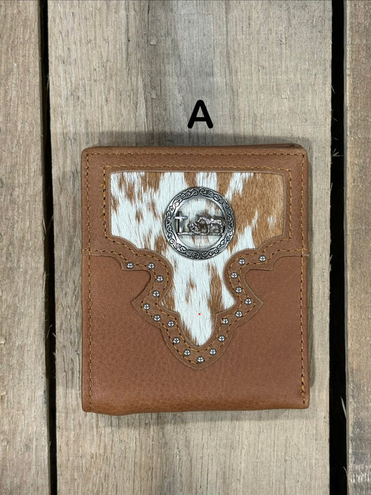 Brown leather wallet with white cowhide pattern and praying cowboy concho on a wooden surface