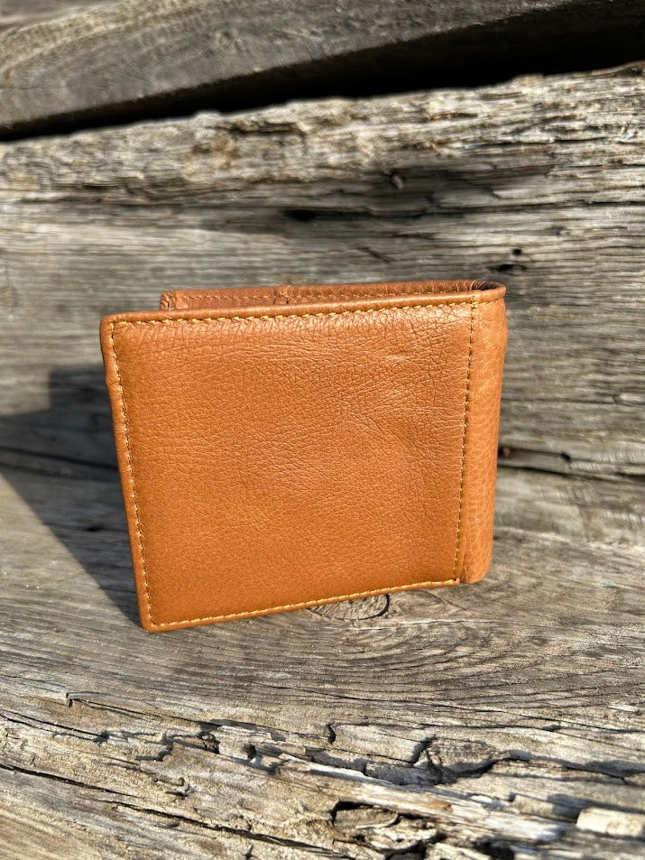 This Brown leather bifold wallet. Rear view showing additional slot. 