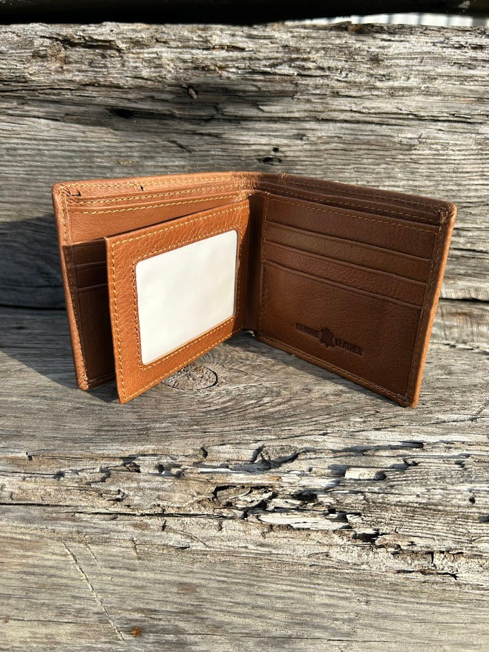 This Brown leather bifold wallet. Inside view showing card slots and dual ID window. 