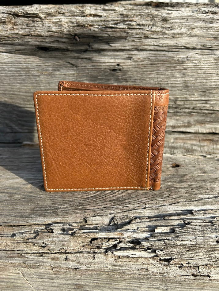 This Brown basketweave leather bifold wallet. Rear View