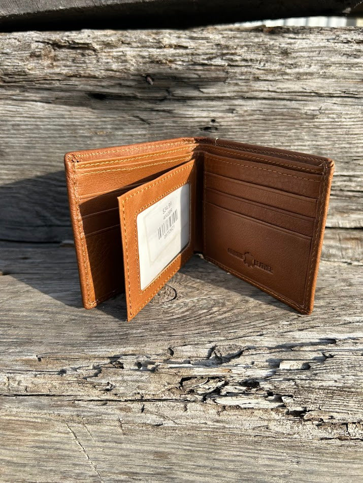 This Brown basketweave leather bifold wallet. Inside view showing multiple card slots and a dual ID window. 