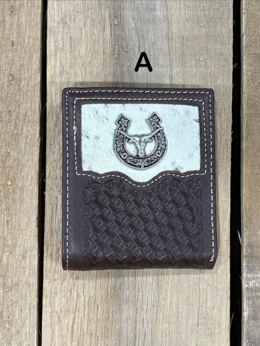 Coffee Brown leather wallet with embossed basketweave design and horseshoe and longhorn concho on a wooden surface